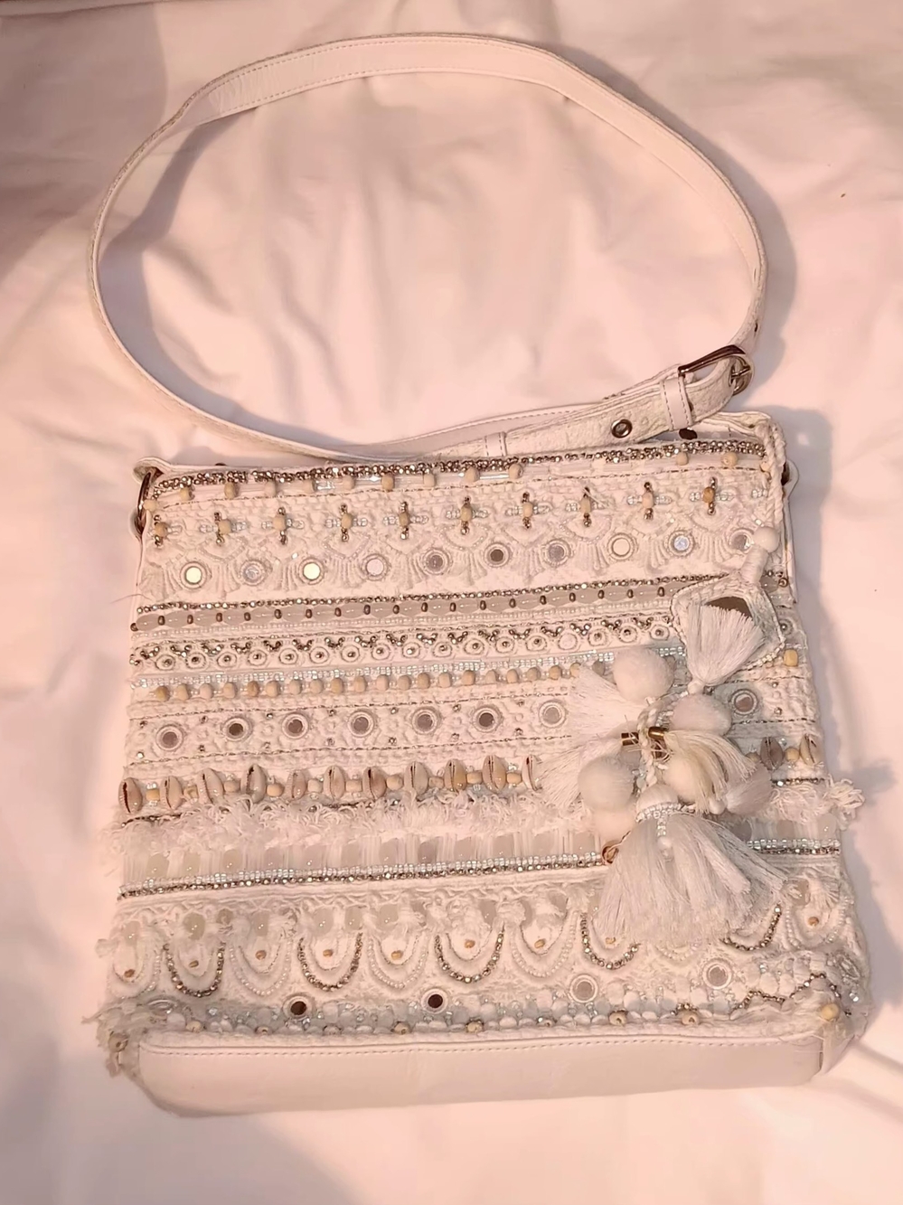 Chico's Boho Embellished White Tassel Crossbody Bag